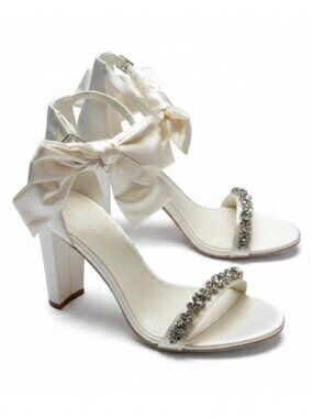 NIB Oleg Cassini Melania Ivory Satin Bow High Heel Sandals In Ivory Size 7.5